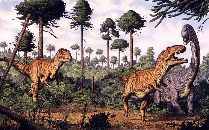 tre gula och blåa dinosaurier illustration, dinosaurier, teckning, Brachiosaurus, slåss, HD tapet