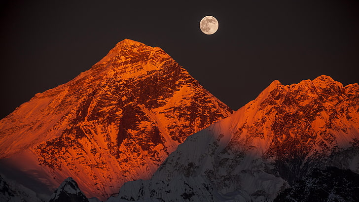 toppar, Asien, Nepal, Annapurna basläger, Annapurna, Mount Qomolangma, Himalaya, Himalaya, gyllene, pyramid, måne, snöhatt, Mount Everest, fullmåne, snöig, berg, snö, solnedgång, topp, HD tapet