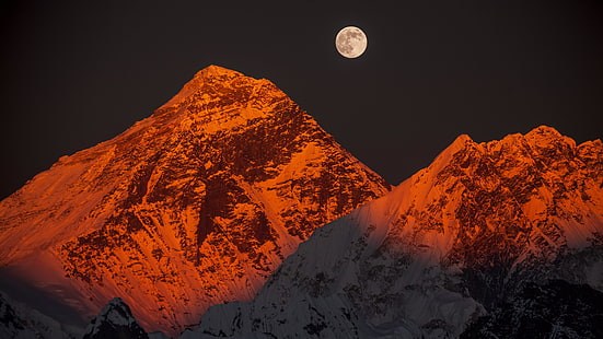 пики, азия, непал, базовый лагерь Аннапурны, Аннапурна, гора Гомолангма, Гималаи, Гималаи, золотой, пирамида, луна, снежный покров, гора Эверест, полная луна, снежный, гора, снег, закат, пик, HD обои HD wallpaper