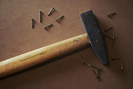 carpentry, hammer, metal, nails, steel, tools, wood, wooden, HD wallpaper HD wallpaper