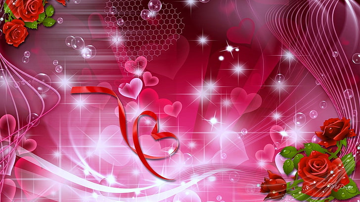 обои с розовыми сердечками, художественные, любовь, сердце, романтика, роза, HD обои