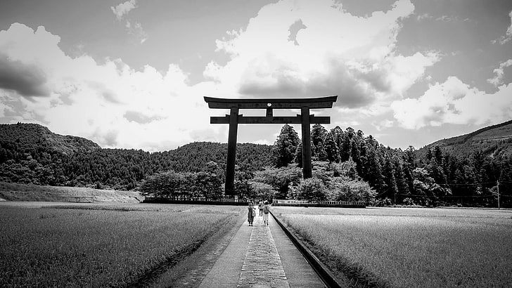 agriculture, black and white, countryside, culture, farm, field, grass, japan, japanese, landscape, outdoors, people, rural, shrine, trees, HD wallpaper