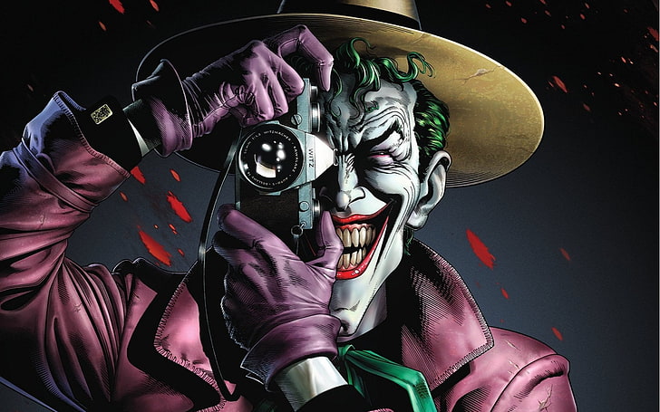 Batman The Killing Joke 2016, The Joker holding camera illustration, Desenhos animados, desenho animado, coringa, batman, 2016, HD papel de parede