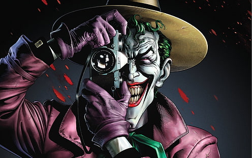 Batman The Killing Joke 2016, The Joker con ilustración de cámara, dibujos animados, dibujos animados, bromista, batman, 2016, Fondo de pantalla HD HD wallpaper