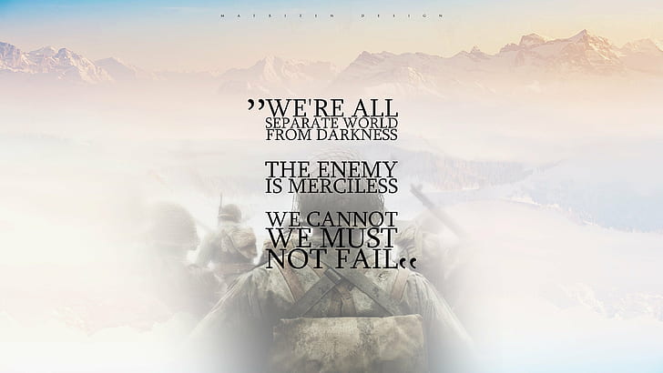 3840x2160 px, Call of Duty: WWII, Company, digital art, First, landscape, Matrizen Design, minimalism, mountains, person shooter, Photoshop, quote, soldier, text, typographic, Typography, video games, HD wallpaper