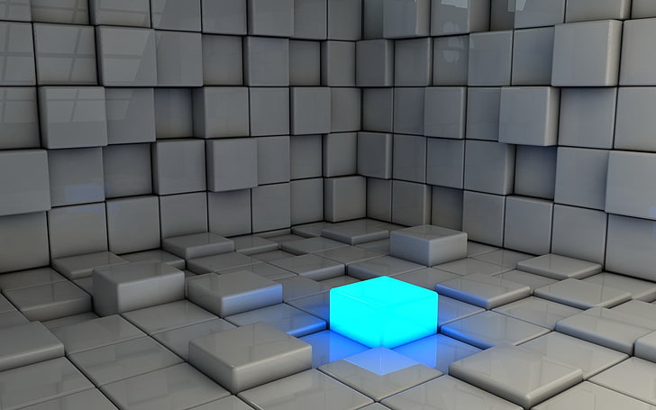 white and gray sectional couch, abstract, digital art, render, cube, CGI, blue, HD wallpaper