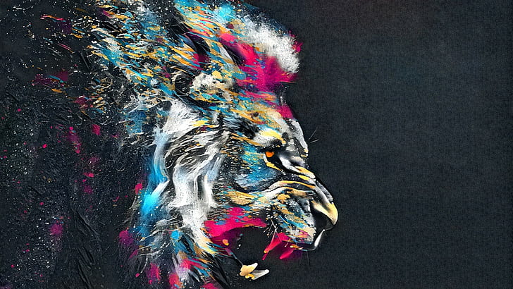 karya seni, singa, berwarna-warni, kucing besar, abstrak, seni digital, latar belakang sederhana, Wallpaper HD
