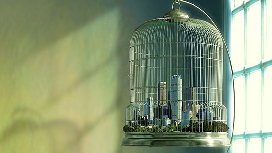cage à oiseaux vert et blanc, cages, paysage urbain, fenêtre, art numérique, Fond d'écran HD HD wallpaper