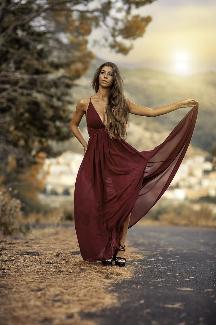 Alessandro Di Cicco, women, brunette, long hair, wavy hair, dress, red clothing, looking away, HD wallpaper