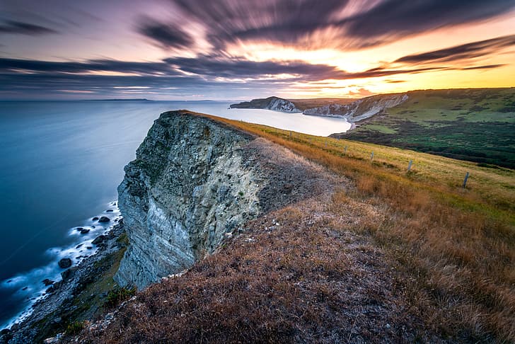 longue exposition, coucher de soleil jurassique, Gad Cliff, côte du Dorset, Fond d'écran HD
