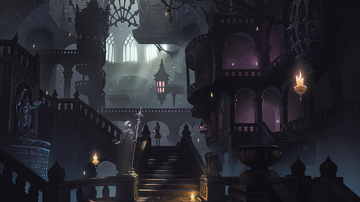 иллюстрация замка, аниме девушки, замок, особняки, спина, школьная форма, свечи, лестницы, HD обои