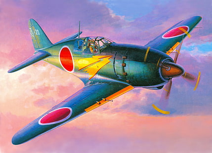 син, червен и жълт боен самолет дигитален тапет, небето, фигура, изкуство, Мицубиши, самолетът, Втората световна война, японски, изтребител-прехващач, J2M Raiden, HD тапет HD wallpaper