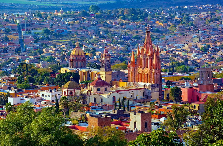 町、サンミゲルデアジェンデ、建築、バヒオ、教会、都市、メキシコ、 HDデスクトップの壁紙