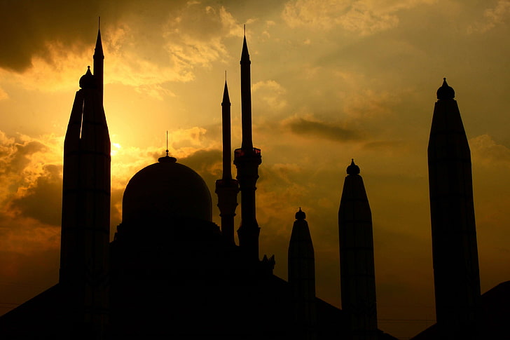 buildings, indonesia, mosque, semarang, silhouette, sunset, HD wallpaper