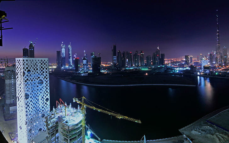 Downtown Nights Dubaj, Dubaj, noce, centrum, podróże i świat, Tapety HD