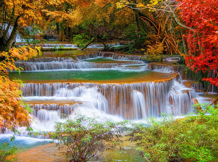 Водопады, Водопад Эраван, Национальный парк Эраван, Осень, Холмы Тенассерим, Таиланд, Водопад, HD обои