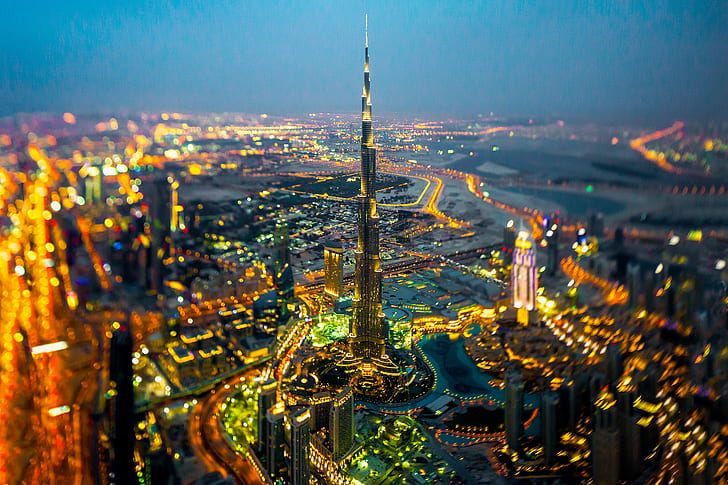 kota fotografi warna-warni gerak kabur Uni Emirat Arab Dubai lampu tampilan udara tilt shift lampu kota bokeh cityscape Burj Khalifa burung eye view night pencakar langit, Wallpaper HD