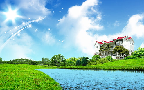 Rumah Manis, rumah putih dan merah, Alam, Lainnya, biru, air, langit, hijau, cantik, rumah, Wallpaper HD HD wallpaper
