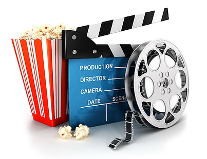 szary magnetofon i czerwone wiadro popcornu, abstrakcja, film, kino, sztuka, popcorn, film, tapeta., cewka, petarda, Tapety HD HD wallpaper
