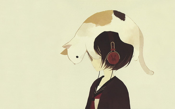котка на аниме герой с черна коса и слушалки, аниме момичета, слушалки, оригинални герои, HD тапет