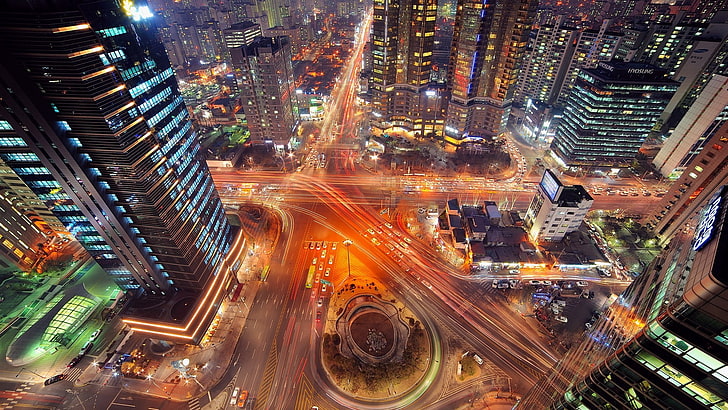 grattacielo, paesaggio, strada, autostrada, città, notte, lunga esposizione, incroci, sentieri di luce, Seoul, Sfondo HD