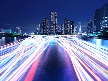 저속 LED 조명, 야간 도시, 대도시, 도로, 단궤, HD 배경 화면 HD wallpaper