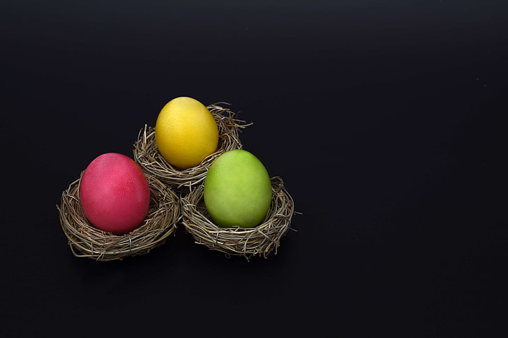 boiled eggs, cheerful, color, colored, colorful, cooked, decoration, delicious, easter, easter decoration, easter eggs, easter nest, easter theme, egg shaped, green, happy easter, hartgekocht, nest, pink, small egg, HD wallpaper