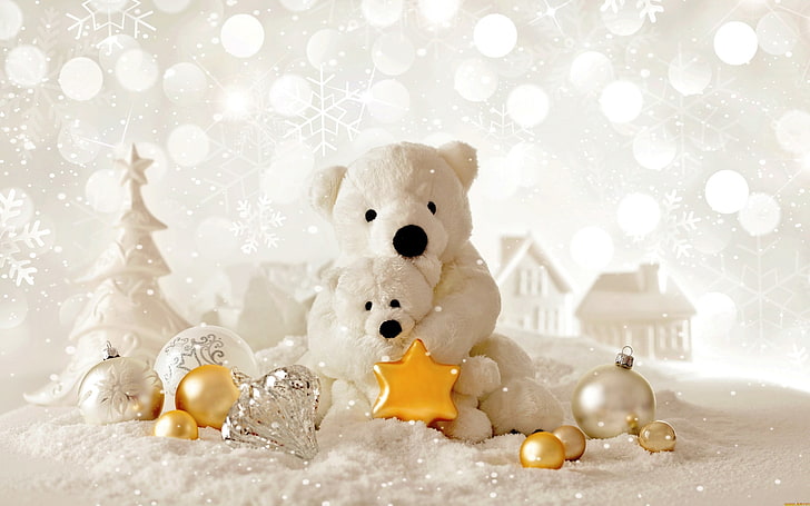 اللعب القطيفة الدب الأبيض ، دمى الدببة ، عيد الميلاد ، زينة عيد الميلاد، خلفية HD