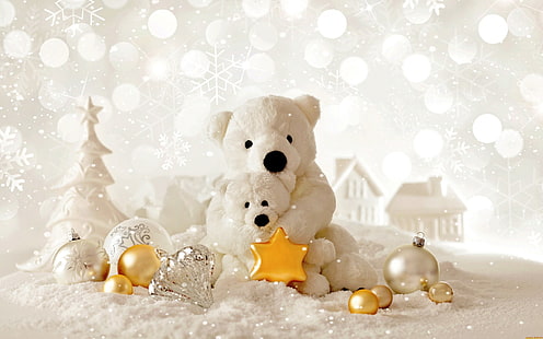 white bear plush toys, teddy bears, Christmas, Christmas ornaments, HD wallpaper HD wallpaper