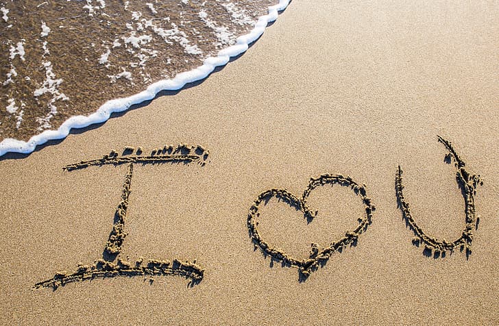sand, sea, beach, love, romantic, I love You, HD wallpaper