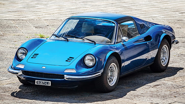 Ferrari, Dino 246 GTS, Blue Car, Автомобиль, Кабриолет, Grand Tourer, Старый Автомобиль, Спортивный Автомобиль, HD обои