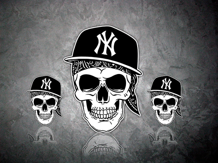 cráneos con gorros de los New York Yankees fondos de pantalla digital, calavera, gorra, sake, rap, La Coka Nostra, Hip-hop, Fondo de pantalla HD
