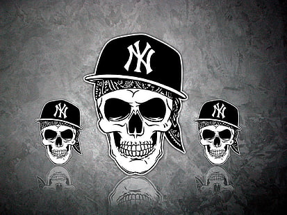 skulls wearing New York Yankees caps digital wallpaper, skull, cap, sake, rap, La Coka Nostra, Hip-hop, HD wallpaper HD wallpaper