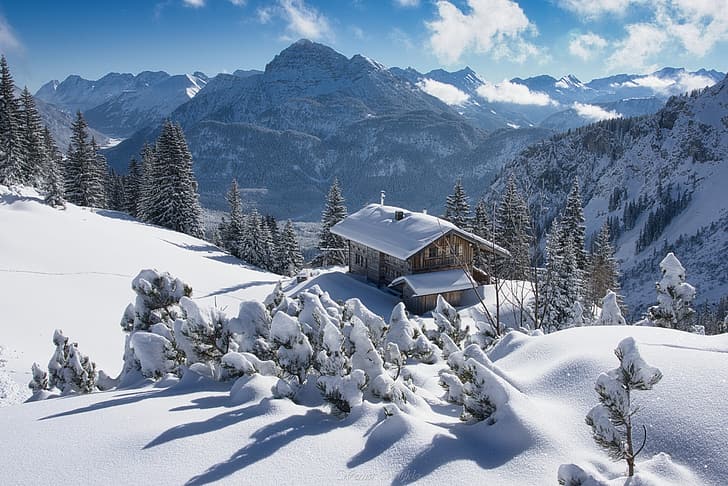 オーストリア、自然、山、冬、雪、氷、寒さ、小屋、 HDデスクトップの壁紙