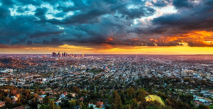 cloudy sky, landscape, Los Angeles, cityscape, panoramas, skyscraper, sunset, clouds, California, urban, HD wallpaper