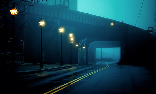 lampione nero, strada, luce, città, nebbia, tunnel, luci, USA, Virginia, Richmond, Stati Uniti d'America, Sfondo HD HD wallpaper