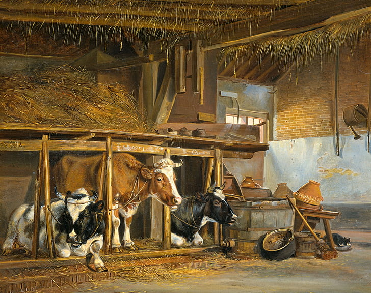 животни, масло, картина, платно, Ян ван Равенсвай, Крави в плевнята, HD тапет