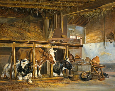 Jan van Ravenswaay, obra de arte, arte clásico, pintura, vaca, Fondo de pantalla HD HD wallpaper
