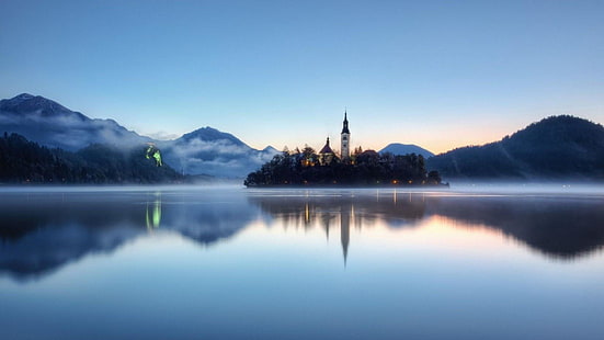Блед, замок, озеро, отражение, юлианские Альпы, озеро Блед, Словения, замок Блед, остров, Альпы, туманный, отражение, туман, природа, Европа, HD обои HD wallpaper
