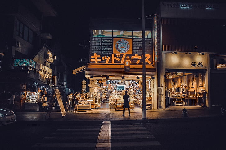 Japan, street, night, people, shop, HD wallpaper