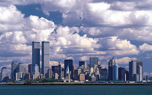 architecture, building, city, cityscape, clouds, modern, New York City, USA, Manhattan, Twin Towers, World Trade Center, sea, Statue of Liberty, island, skyscraper, Never Forget, HD wallpaper HD wallpaper