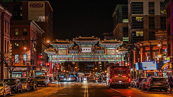 chinatown, washington, usa, night lights, city life, city lights, HD wallpaper HD wallpaper