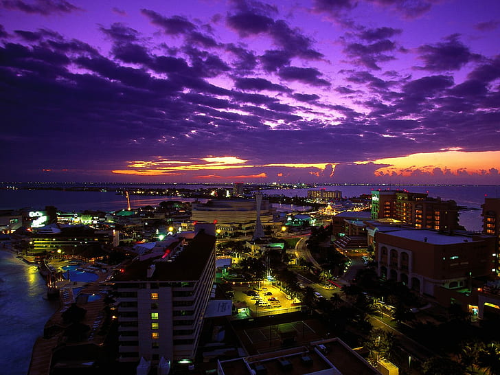 Канкун в сумерках Мексика, аэрофотосъемка высотных зданий, сумерки, канкун, Мексика, HD обои
