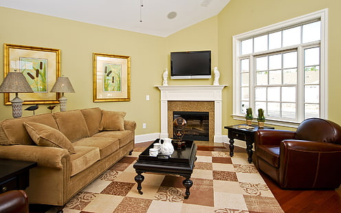 oturma odaları, fotoğraf, TV, kanepe, yastık, lamba, pencere, HD masaüstü duvar kağıdı HD wallpaper