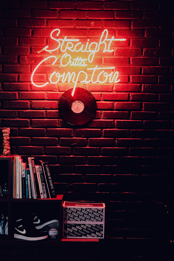 red straight outta Compton neon-light signage, inscription, wall, neon, vinyl record, shelves, HD wallpaper