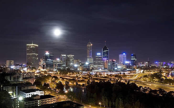 paisagem urbana, noturna, perth, austrália, cidade, trilhas leves, luzes cidade, HD papel de parede