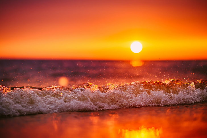 cuerpo de agua, olas, puesta de sol, playa, cambio de inclinación, Fondo de pantalla HD