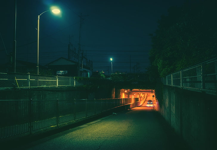szara droga betonowa, Japonia, noc, fotografia, Tapety HD