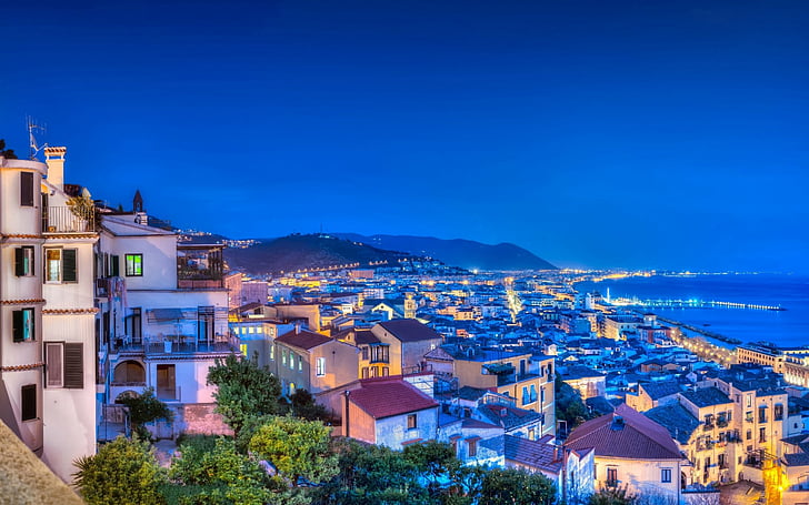Cidades, Amalfi, Cidade, Costa, Colorido, Casa, Itália, Luz, À noite, HD papel de parede