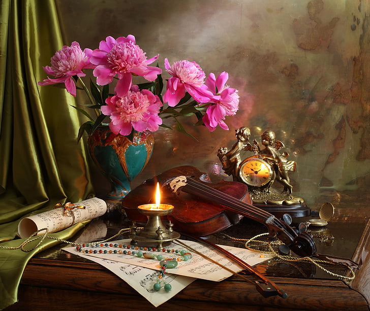 Photography, Still Life, Candle, Flower, Pink Flower, Sheet Music, Violin, HD wallpaper
